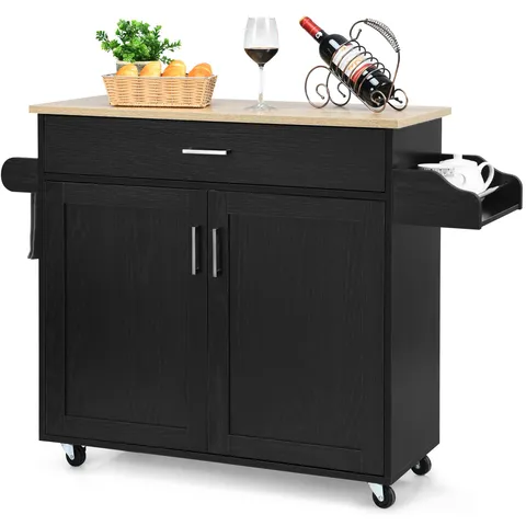 Black Wood Base with Mdf Wood Top Rolling Kitchen Island