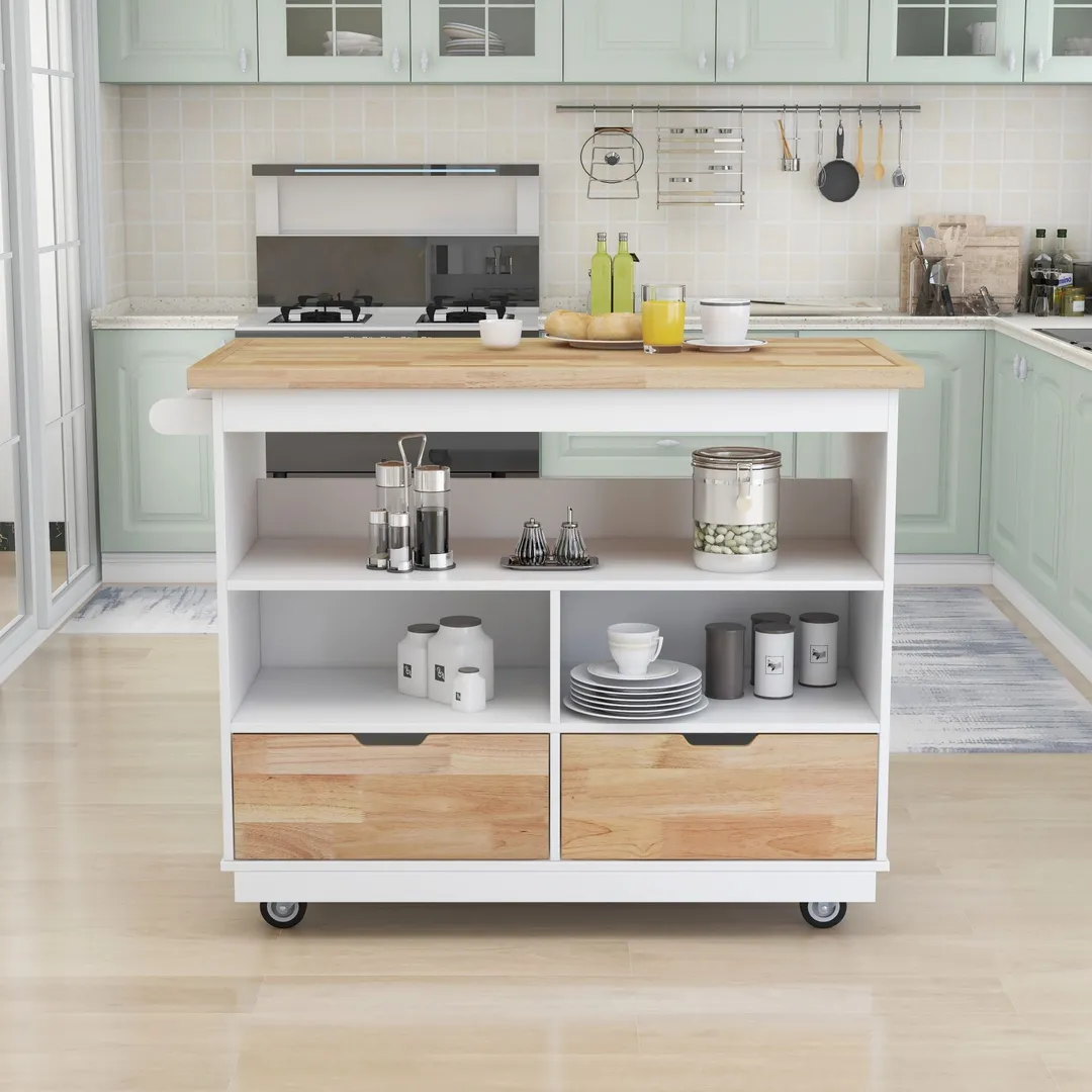Xspracer White Mdf Base with Wood Top Rolling Kitchen Island (22-in x 46-in x 36-in), photo 2 of 18