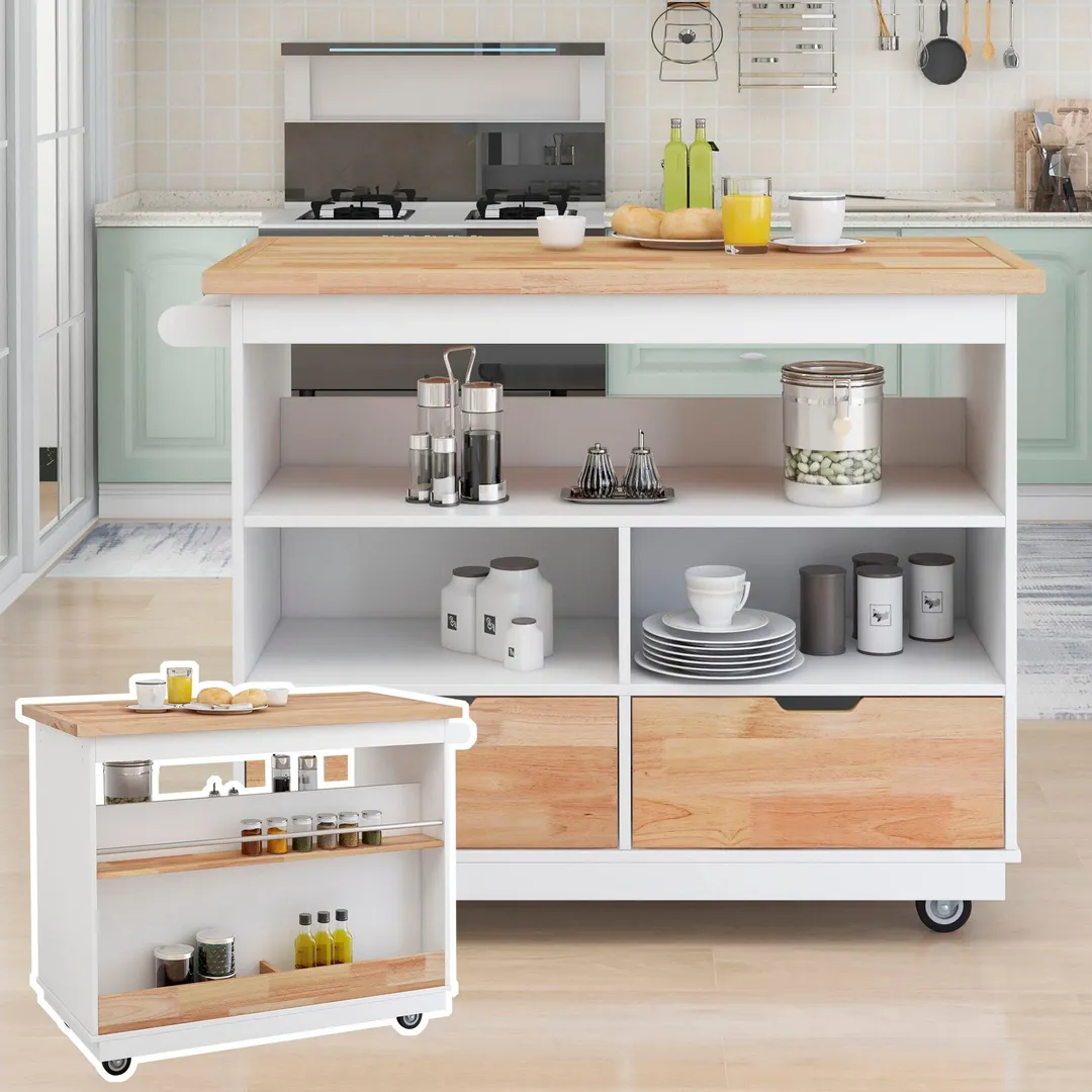 Xspracer White Mdf Base with Wood Top Rolling Kitchen Island (22-in x 46-in x 36-in), photo 17 of 18