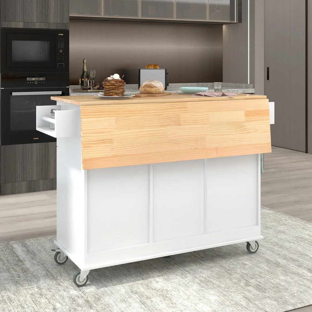 Xspracer White Mdf Base with Wood Top Rolling Kitchen Island (30-in x 53-in x 37-in), photo 2 of 20