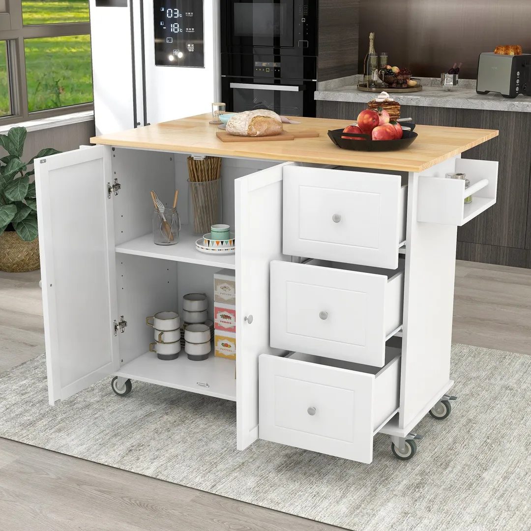 Xspracer White Mdf Base with Wood Top Rolling Kitchen Island (30-in x 53-in x 37-in), photo 4 of 20