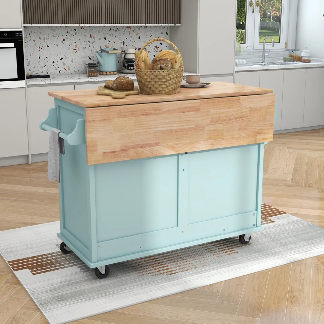 Xspracer Green Mdf Base with Wood Top Rolling Kitchen Island (21-in x 52-in x 37-in), photo 2 of 17