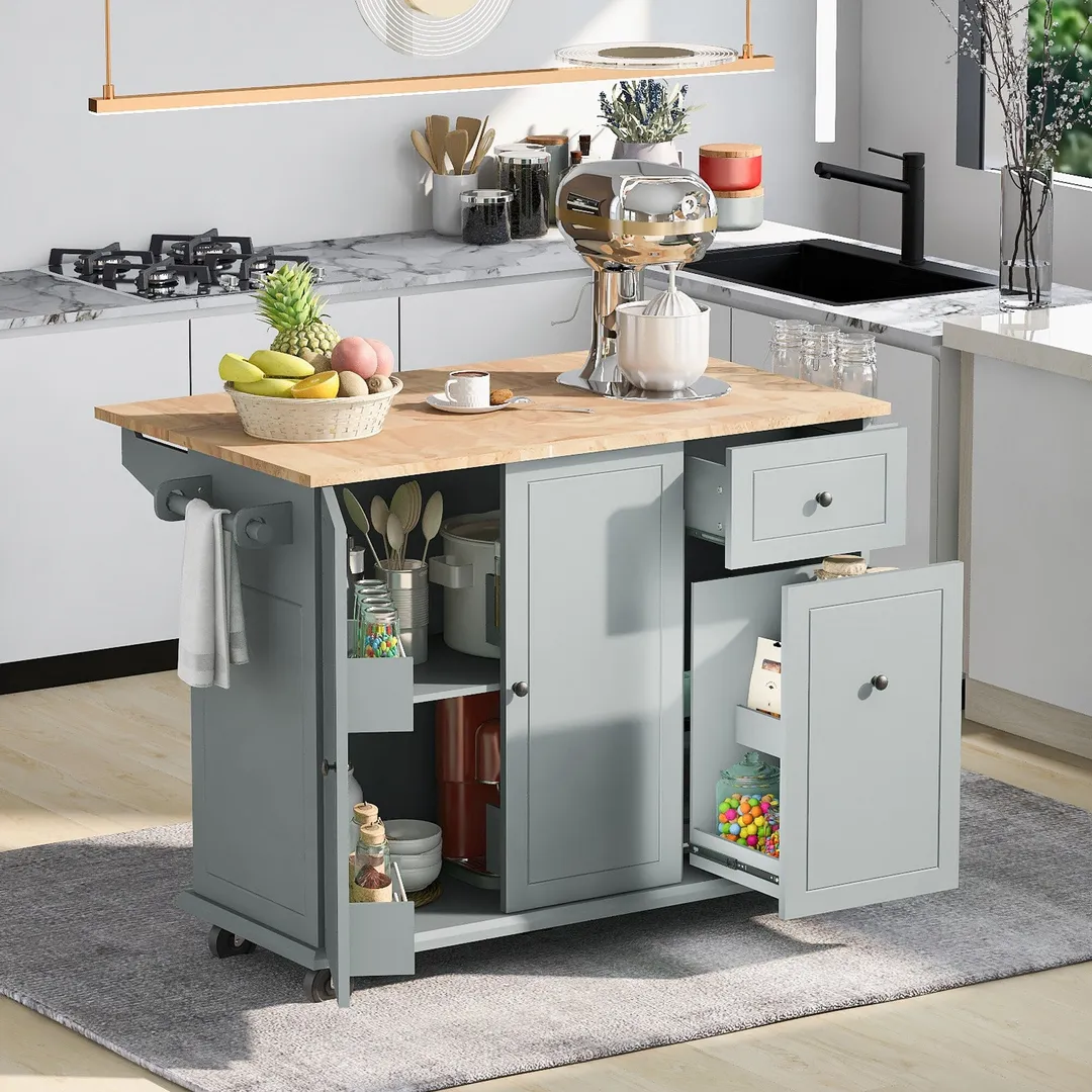 Xspracer Gray Mdf Base with Wood Top Rolling Kitchen Island (29-in x 54-in x 37-in), photo 3 of 20