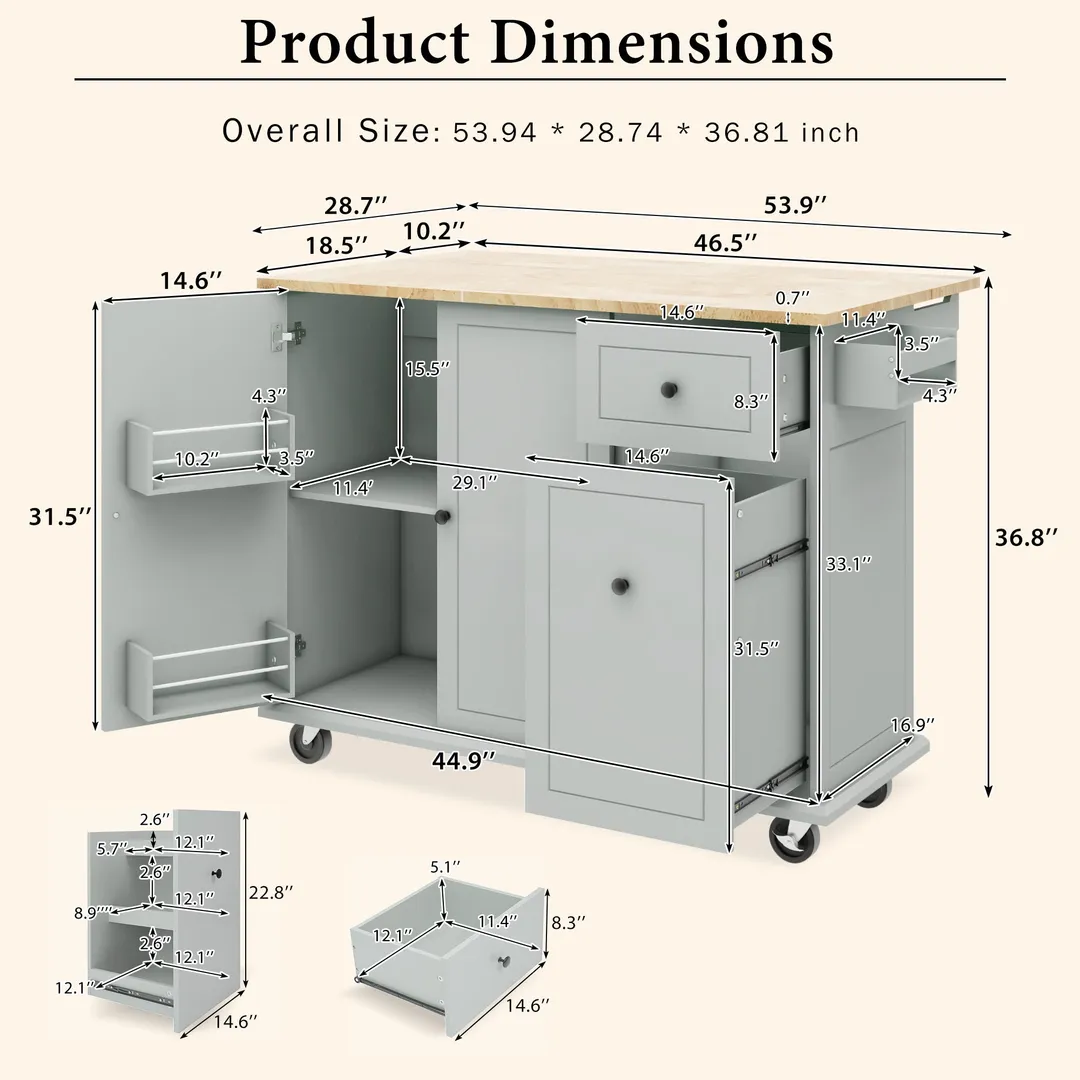 Xspracer Gray Mdf Base with Wood Top Rolling Kitchen Island (29-in x 54-in x 37-in), photo 20 of 20