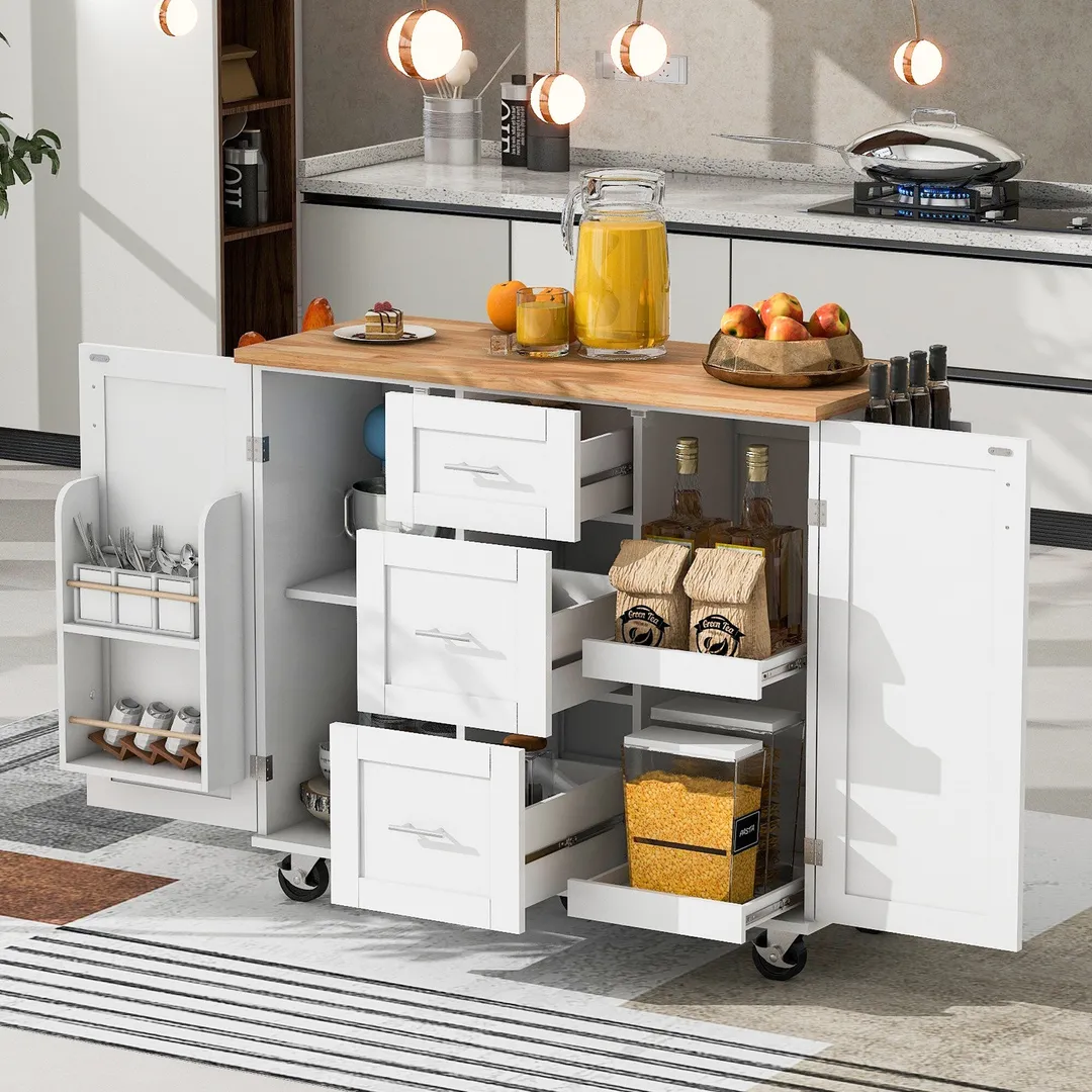 Xspracer White Mdf Base with Wood Top Rolling Kitchen Island (17-in x 50-in x 37-in), photo 3 of 20