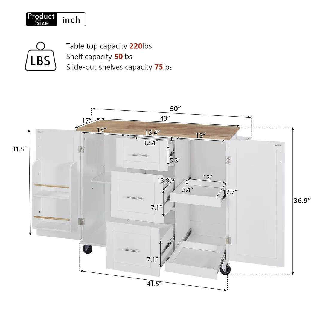 Xspracer White Mdf Base with Wood Top Rolling Kitchen Island (17-in x 50-in x 37-in), photo 20 of 20