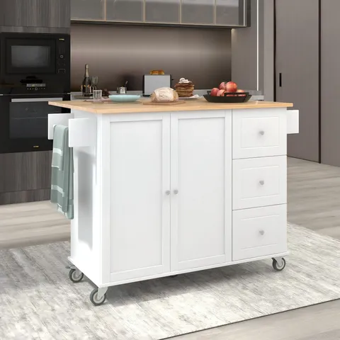 White Mdf Base with Wood Top Rolling Kitchen Island