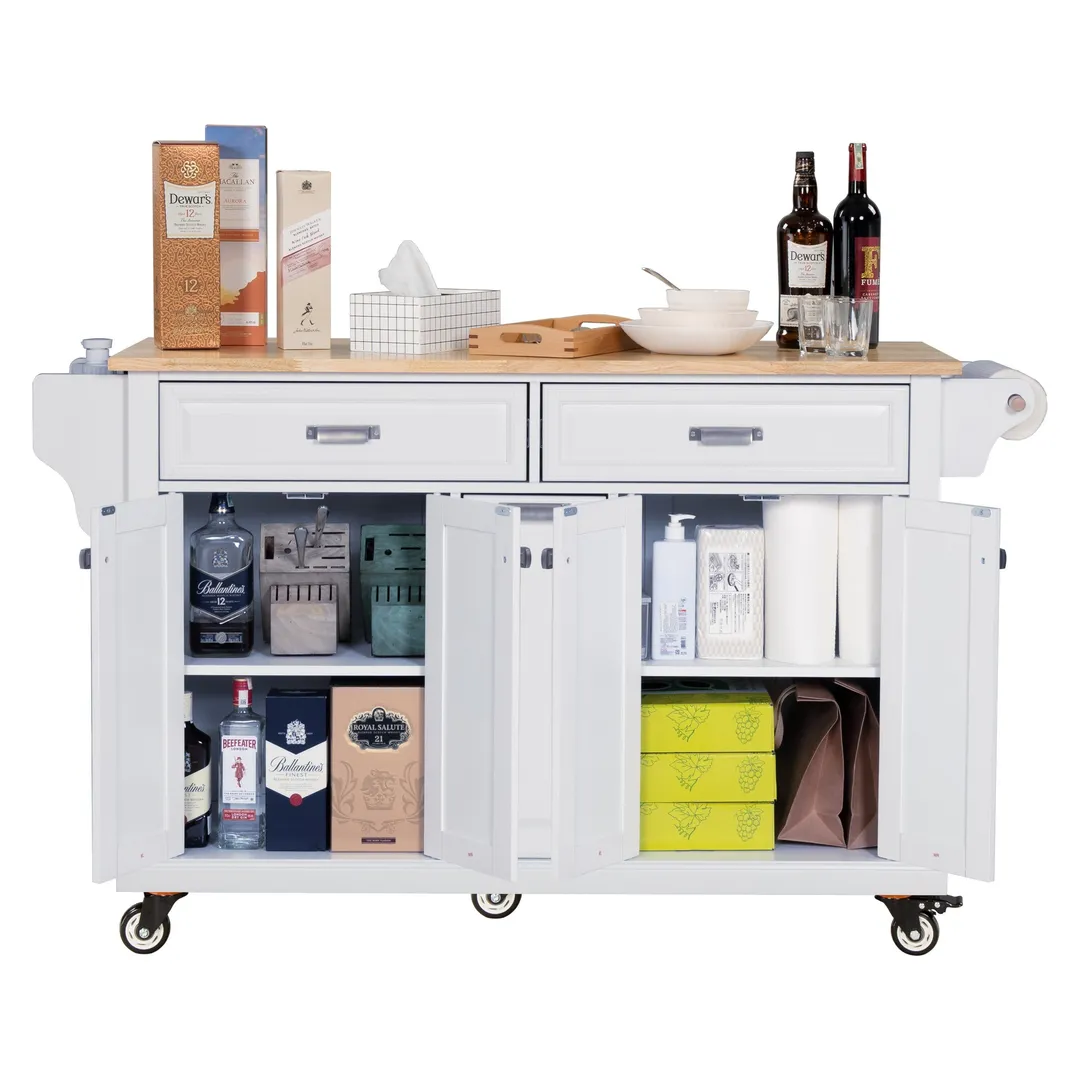 Damerin White Wood Base with Wood Top Rolling Kitchen Island (18.13-in x 60.5-in x 36.75-in), photo 8 of 13