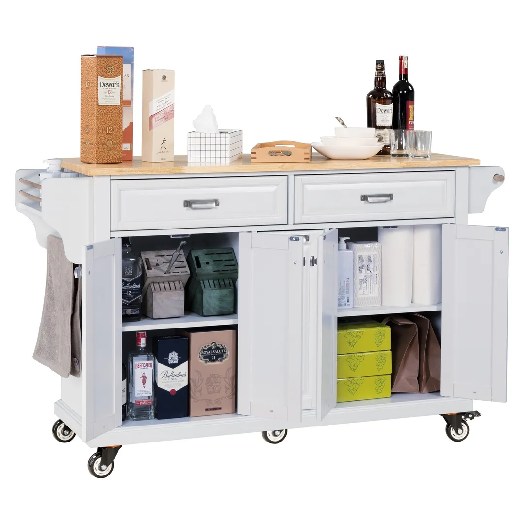Damerin White Wood Base with Wood Top Rolling Kitchen Island (18.13-in x 60.5-in x 36.75-in), photo 6 of 13