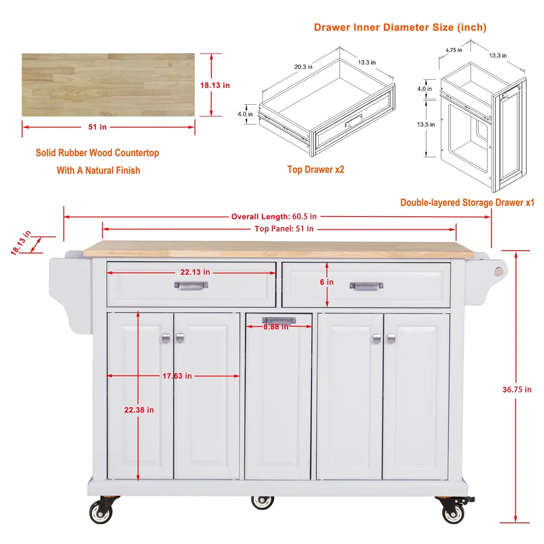 Damerin White Wood Base with Wood Top Rolling Kitchen Island (18.13-in x 60.5-in x 36.75-in), photo 5 of 13