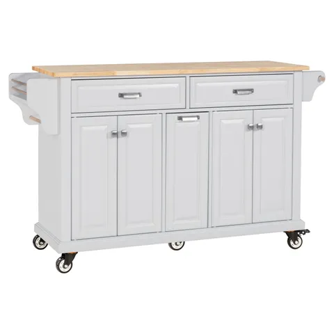 White Wood Base with Wood Top Rolling Kitchen Island