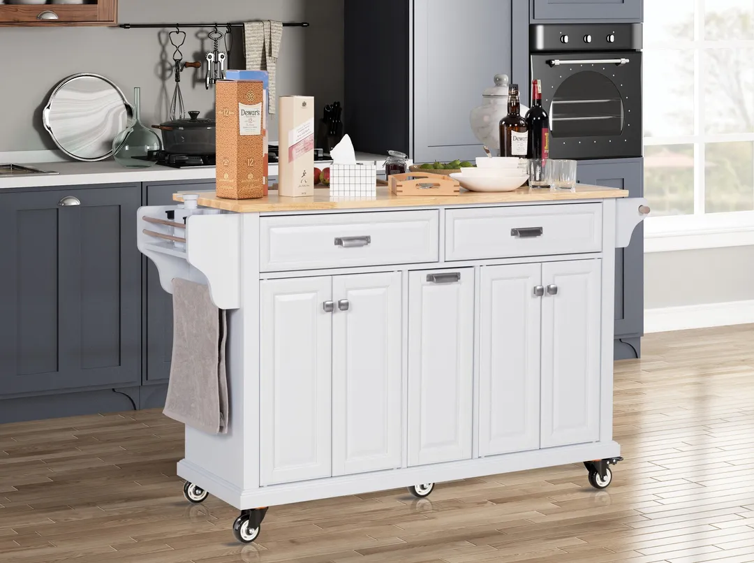Damerin White Wood Base with Wood Top Rolling Kitchen Island (18.13-in x 60.5-in x 36.75-in), photo 11 of 13