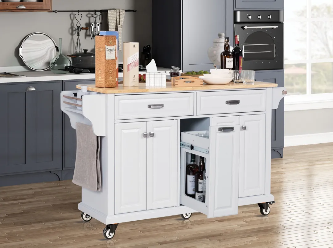 Damerin White Wood Base with Wood Top Rolling Kitchen Island (18.13-in x 60.5-in x 36.75-in), photo 12 of 13