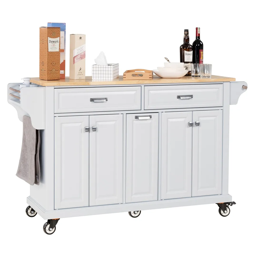 Damerin White Wood Base with Wood Top Rolling Kitchen Island (18.13-in x 60.5-in x 36.75-in), photo 7 of 13