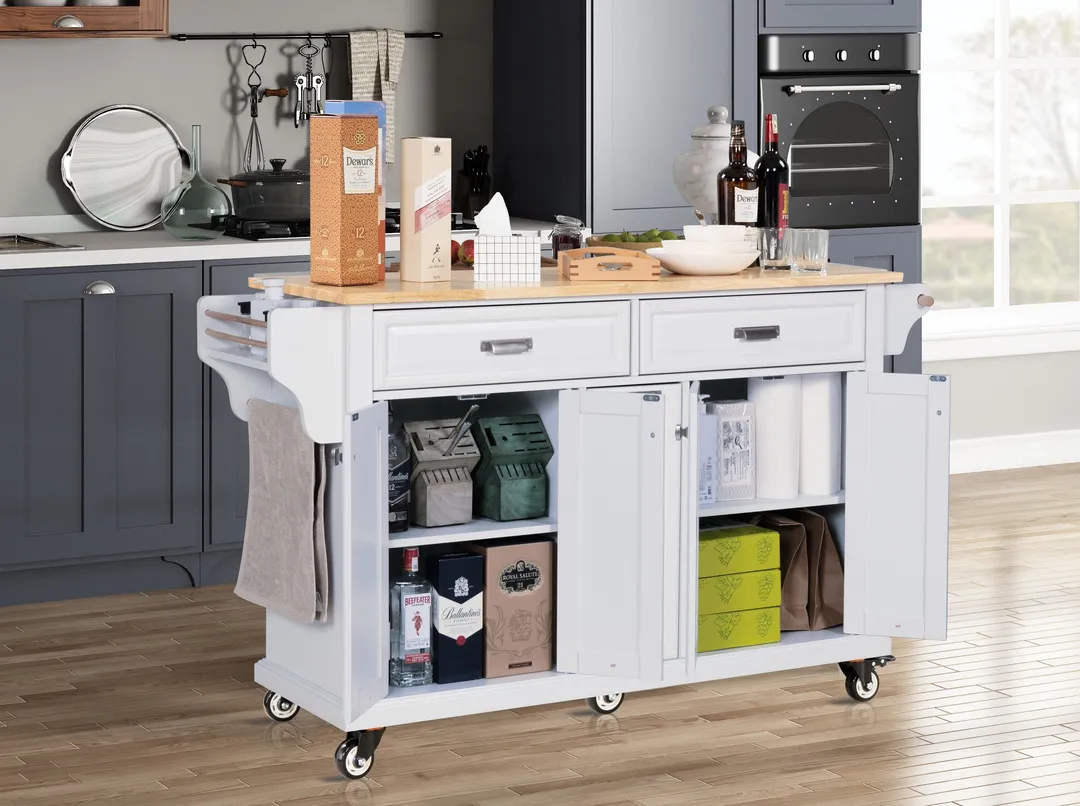 Damerin White Wood Base with Wood Top Rolling Kitchen Island (18.13-in x 60.5-in x 36.75-in), photo 10 of 13