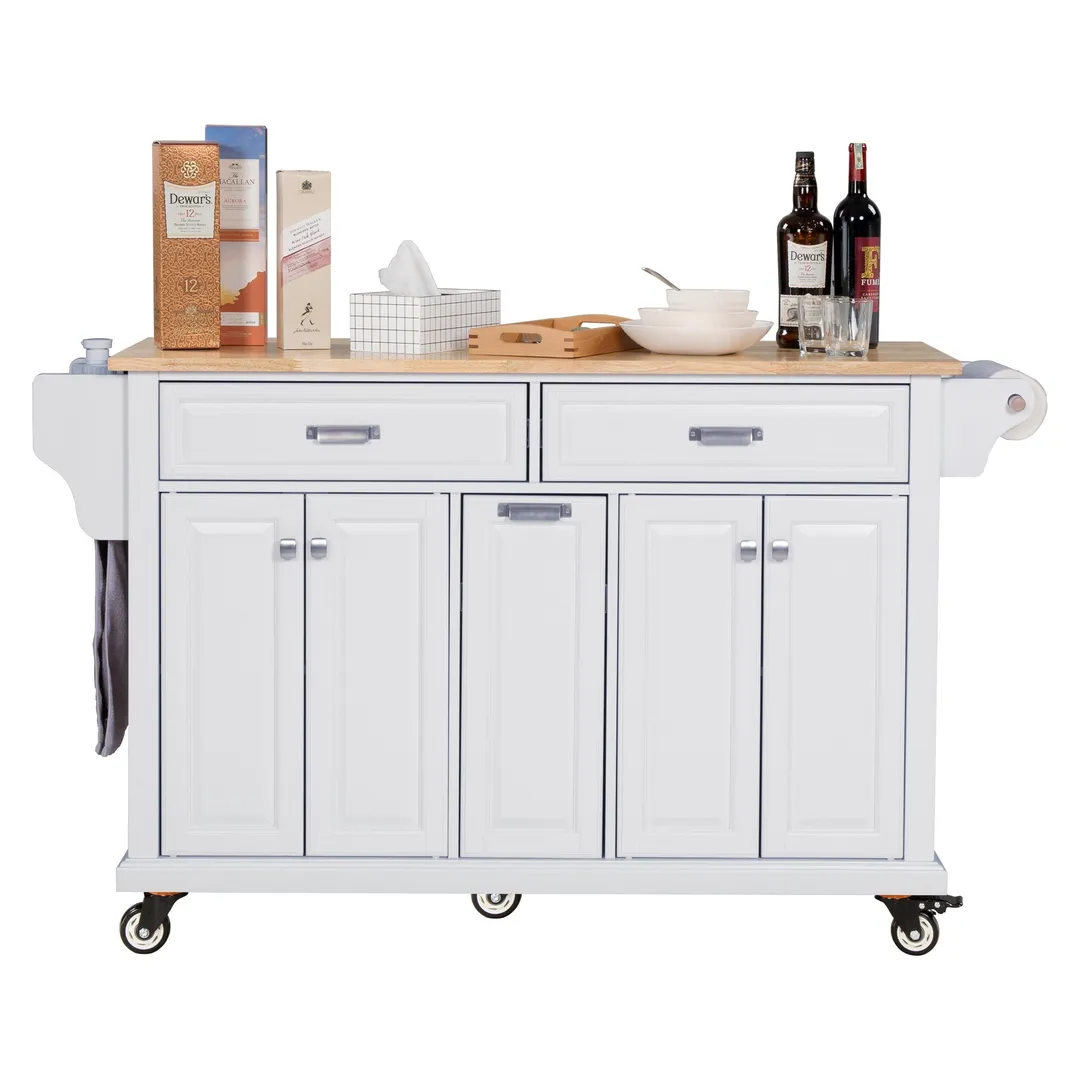 Damerin White Wood Base with Wood Top Rolling Kitchen Island (18.13-in x 60.5-in x 36.75-in), photo 4 of 13