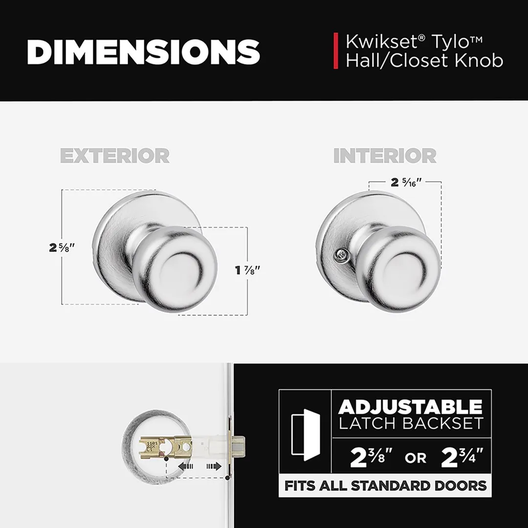 Kwikset Tylo Passage Door Knob, Satin Chrome, ANSI/BHMA Grade 3, Fits 1-3/8 to 1-3/4 in Doors, photo 6 of 8