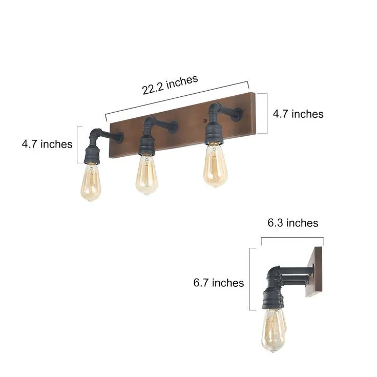LNC Wayner 3-Light Black Farmhouse Bath Vanity Light Water Pipe Wall Sconce with Painted Chesnut Wood Accent LED Compatible, photo 2 of 11