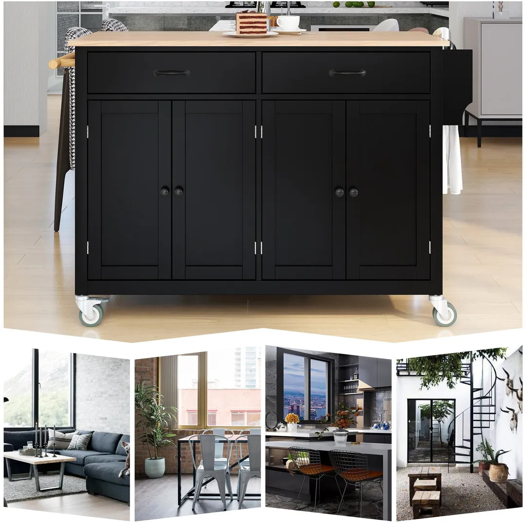 SINOFURN Black Mdf Base with Wood Top Rolling Kitchen Cart (18.5-in x 54.33-in x 36.22-in), photo 3 of 20