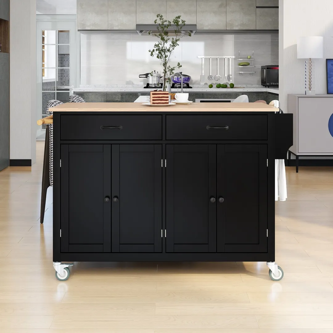 SINOFURN Black Mdf Base with Wood Top Rolling Kitchen Cart (18.5-in x 54.33-in x 36.22-in), photo 11 of 20