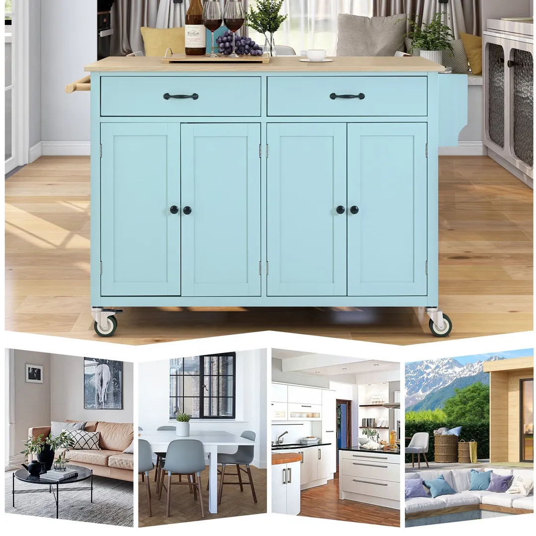 SINOFURN Blue Mdf Base with Wood Top Rolling Kitchen Cart (18.5-in x 54.33-in x 36.22-in), photo 16 of 20