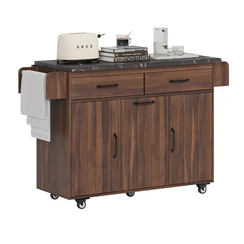 Brown Mdf Base with Mdf Wood Top Rolling Kitchen Cart