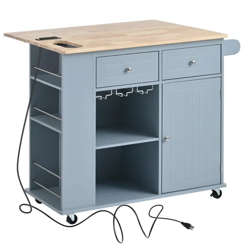 Blue Mdf Base with Wood Top Rolling Kitchen Cart