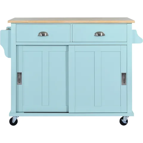 Green Mdf Base with Wood Top Rolling Kitchen Island
