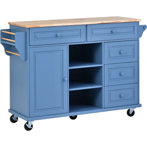 Blue Mdf Base with Wood Top Rolling Kitchen Cart