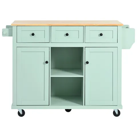 Green Mdf Base with Wood Top Rolling Kitchen Island