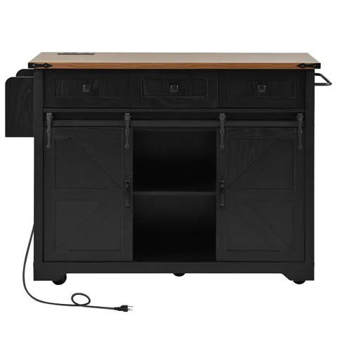 Black Mdf Base with Mdf Wood Top Rolling Kitchen Island