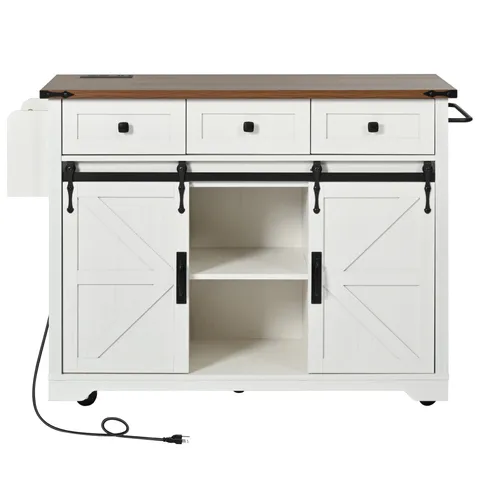White Mdf Base with Mdf Wood Top Rolling Kitchen Island