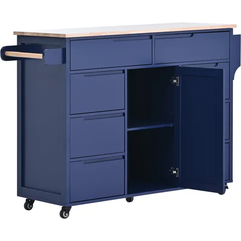 Blue Mdf Base with Wood Top Rolling Kitchen Cart