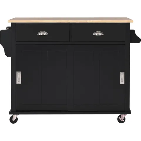 Black Mdf Base with Wood Top Rolling Kitchen Island