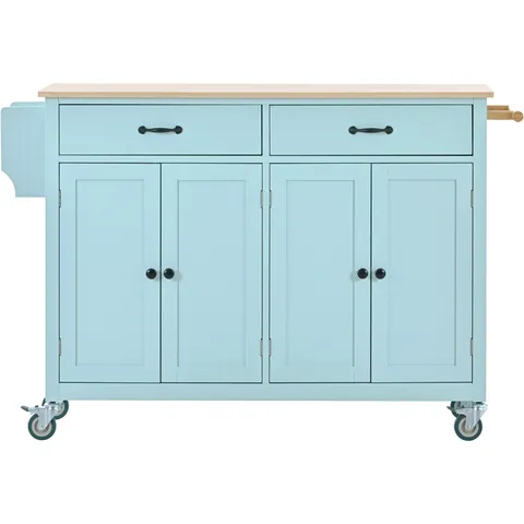 Blue Mdf Base with Wood Top Rolling Kitchen Cart