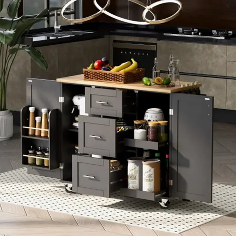 Black Mdf Base with Mdf Wood Top Rolling Kitchen Island