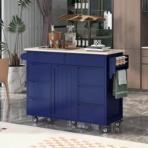 Blue Mdf Base with Mdf Wood Top Rolling Kitchen Island