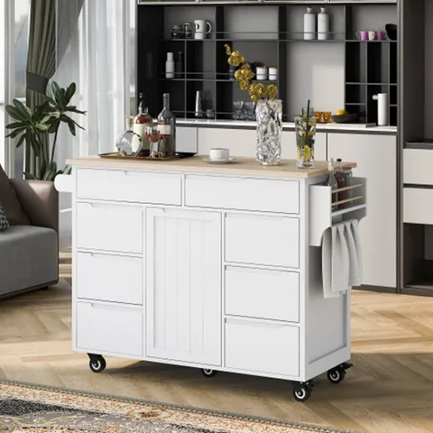 White Mdf Base with Mdf Wood Top Rolling Kitchen Island
