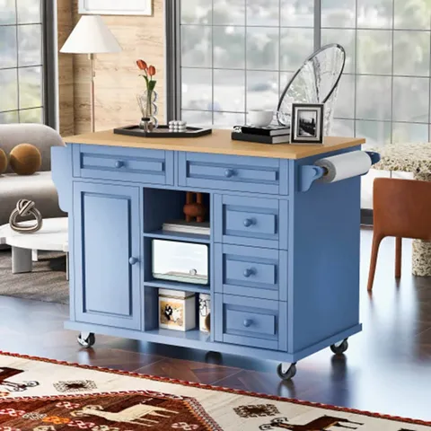 Blue Mdf Base with Mdf Wood Top Rolling Kitchen Island