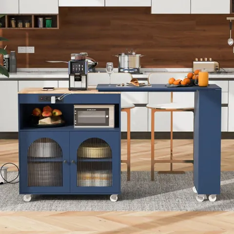 Blue Mdf Base with Mdf Wood Top Rolling Kitchen Island