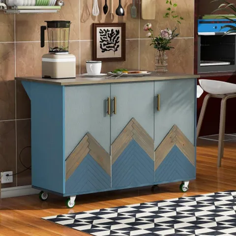 Blue Mdf Base with Mdf Wood Top Rolling Kitchen Island
