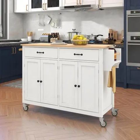 White Mdf Base with Mdf Wood Top Rolling Kitchen Island