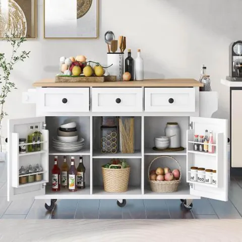 White Wood Base with Wood Top Rolling Kitchen Island