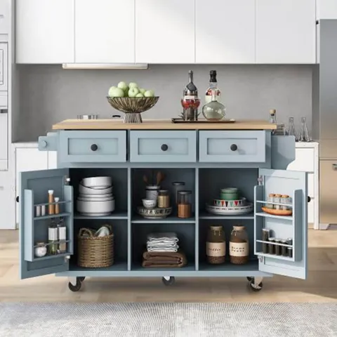 Blue Wood Base with Wood Top Rolling Kitchen Island