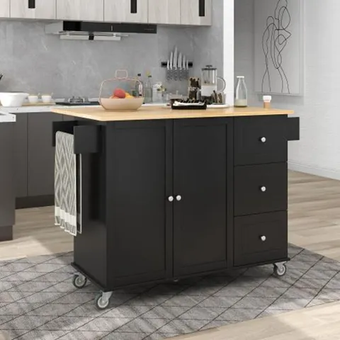Black Wood Base with Wood Top Rolling Kitchen Island