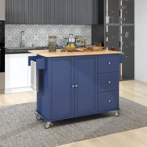 Blue Wood Base with Wood Top Rolling Kitchen Island