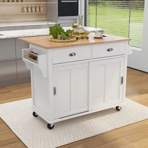 White Wood Base with Wood Top Rolling Kitchen Island