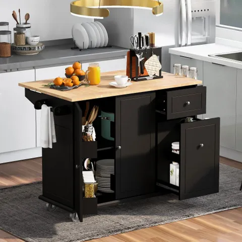 Black Wood Base with Wood Top Rolling Kitchen Island
