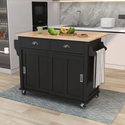Black Wood Base with Wood Top Rolling Kitchen Island