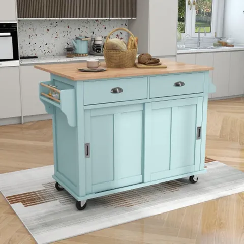 Green Wood Base with Wood Top Rolling Kitchen Island